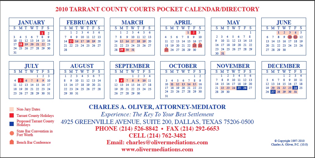 Tarrant County Courts Pocket Calendar Directory